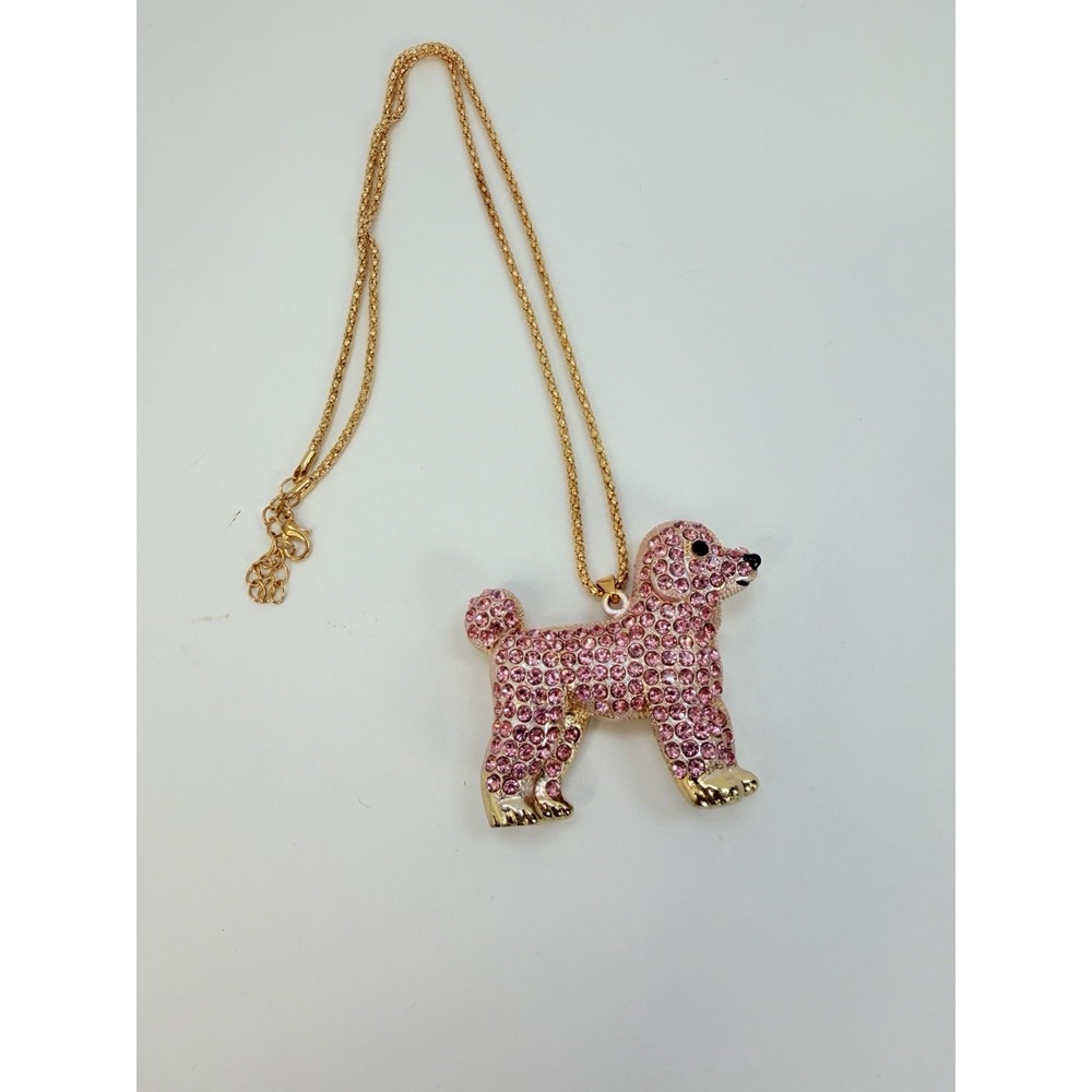 Pink Dog Rhinestone Pendant Gold Tone Necklace Poodle Costume Jewelry